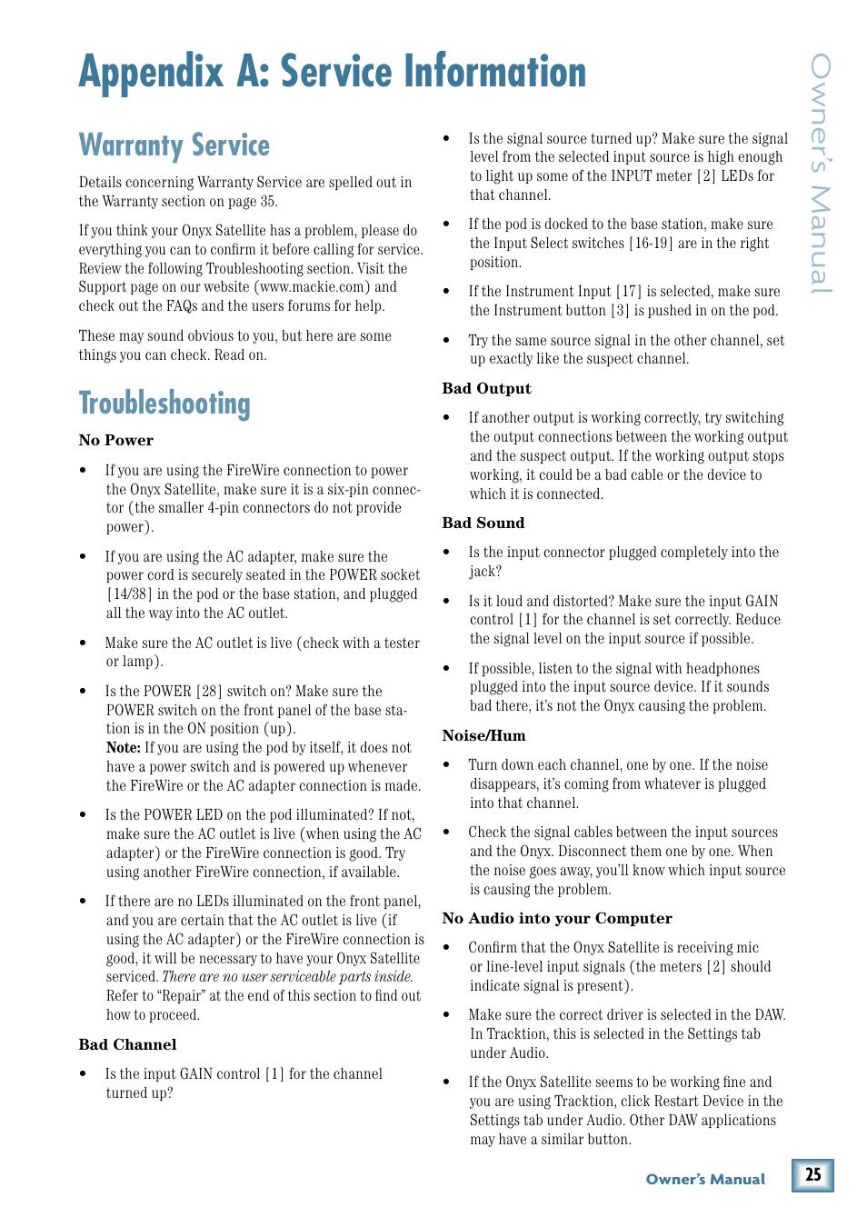 Appendix a: service information, Warranty service, Troubleshooting | Owner’ s manual | MACKIE PORTABLE RECORDING PREAMP User Manual | Page 25 / 36