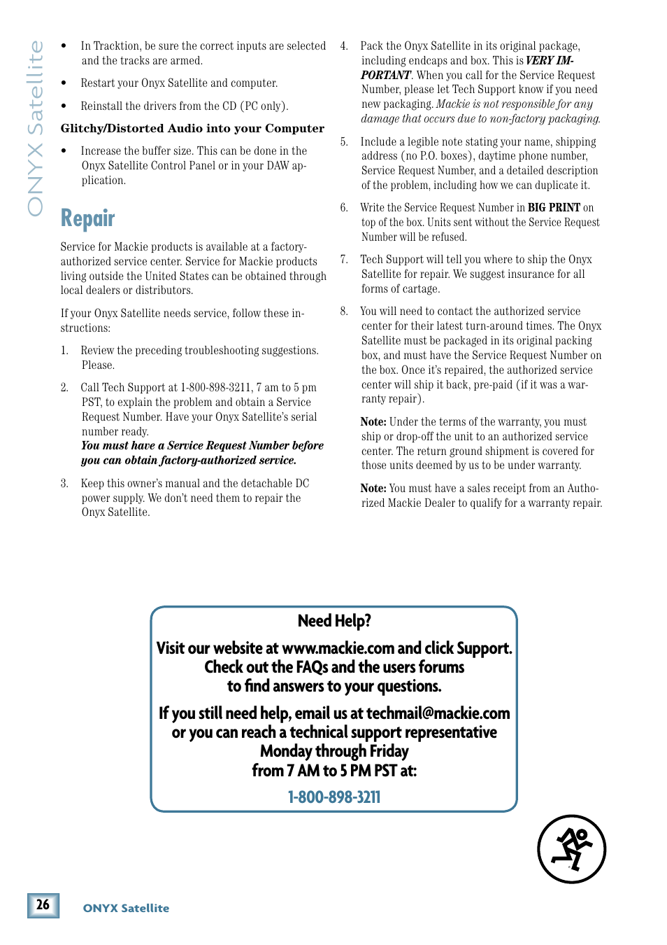 Repair, Onyx s at ellit e | MACKIE PORTABLE RECORDING PREAMP User Manual | Page 26 / 36