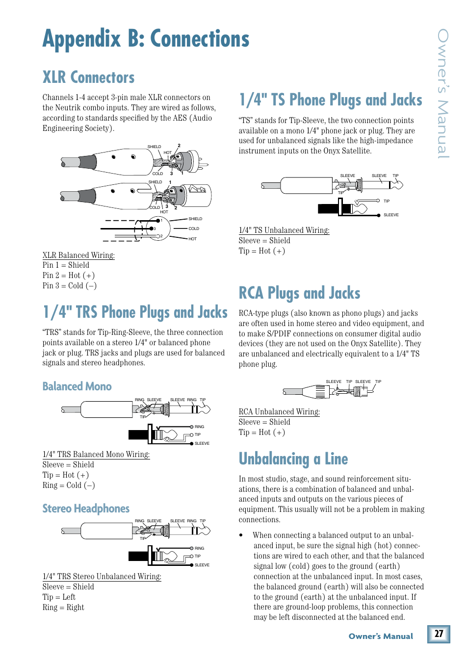 Appendix b: connections, Xlr connectors, 1/4" trs phone plugs and jacks | 1/4" ts phone plugs and jacks, Rca plugs and jacks, Unbalancing a line, Owner’ s manual, Balanced mono, Stereo headphones, Owner’s manual | MACKIE PORTABLE RECORDING PREAMP User Manual | Page 27 / 36