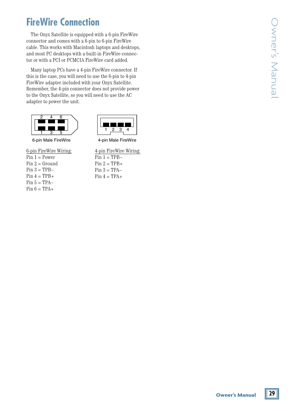 Firewire connection, Owner’ s manual | MACKIE PORTABLE RECORDING PREAMP User Manual | Page 29 / 36