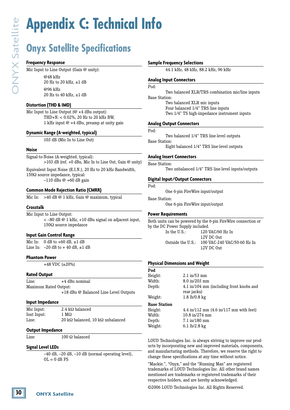 Appendix c: technical info, Onyx satellite specifications, Onyx s at ellit e | MACKIE PORTABLE RECORDING PREAMP User Manual | Page 30 / 36