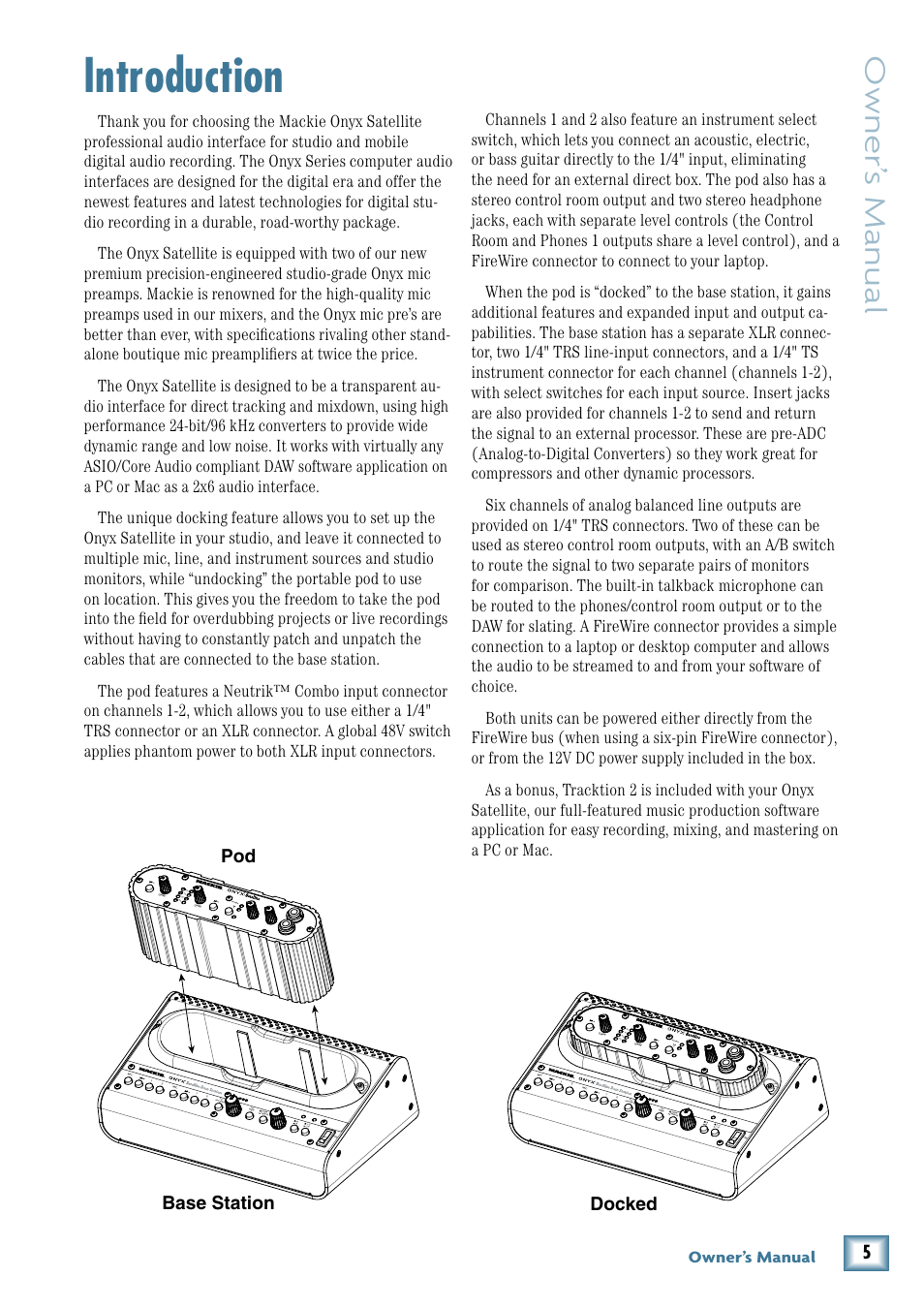 Introduction, Owner’ s manual, Pod base station docked | Owner’s manual | MACKIE PORTABLE RECORDING PREAMP User Manual | Page 5 / 36