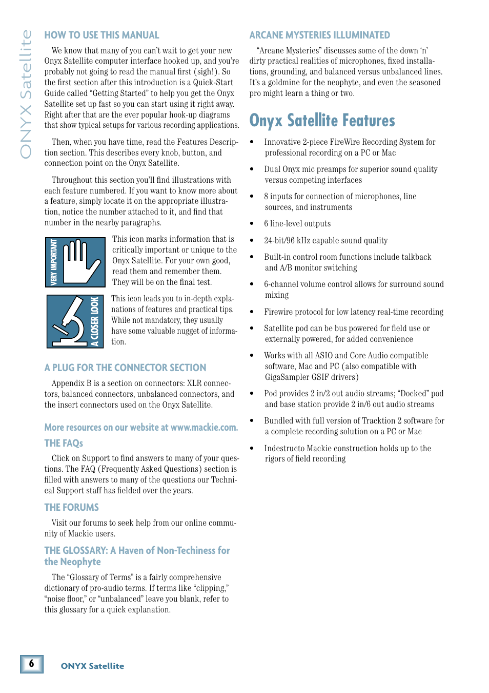 Onyx satellite features, Onyx s at ellit e | MACKIE PORTABLE RECORDING PREAMP User Manual | Page 6 / 36
