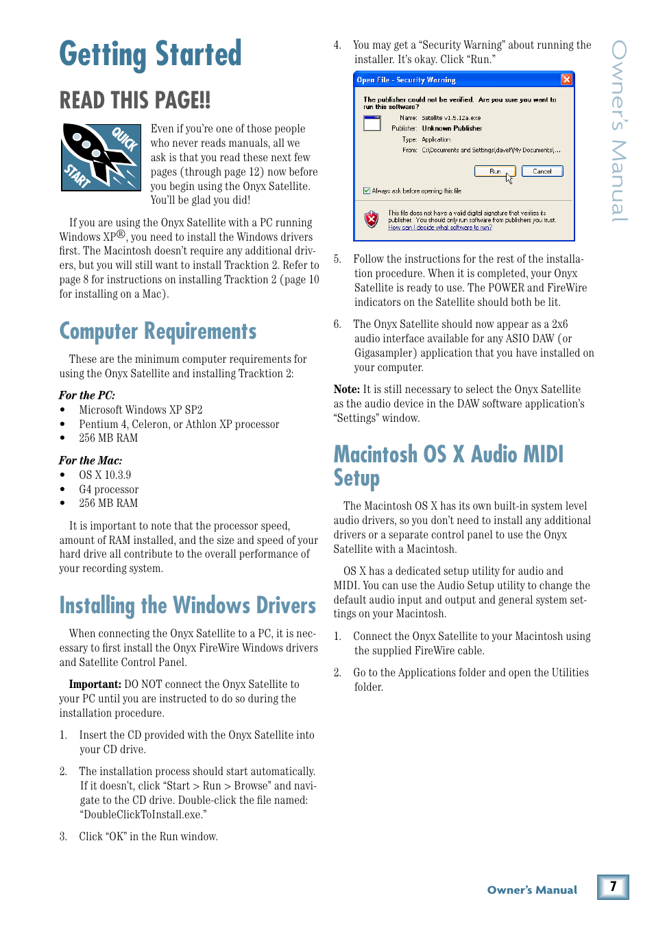 Getting started, Computer requirements, Installing the windows drivers | Macintosh os x audio midi setup, Read this page, Owner’ s manual | MACKIE PORTABLE RECORDING PREAMP User Manual | Page 7 / 36
