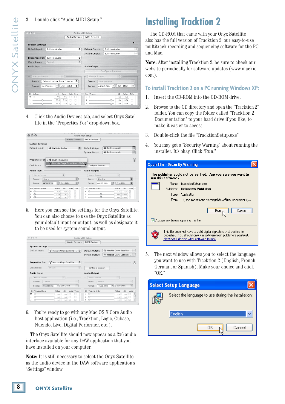 Installing tracktion 2, Installing tracktion, Onyx s at ellit e | MACKIE PORTABLE RECORDING PREAMP User Manual | Page 8 / 36