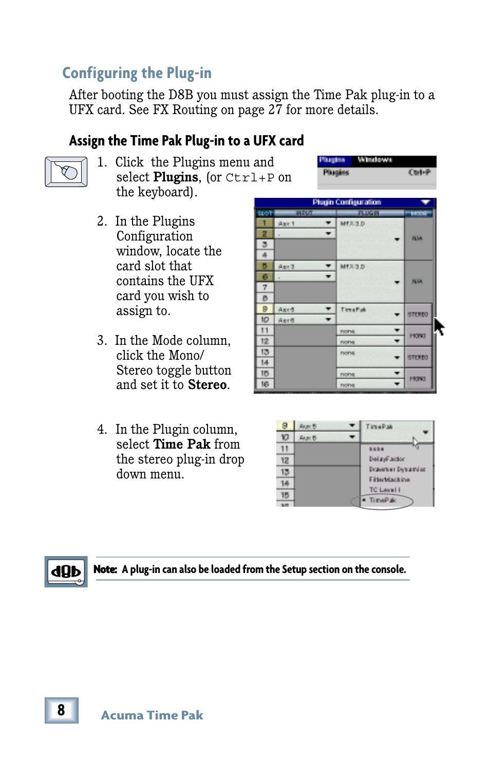 Configuring the plug-in, Assign the time pak plug-in to a ufx card | MACKIE Digital Mixers User Manual | Page 8 / 36