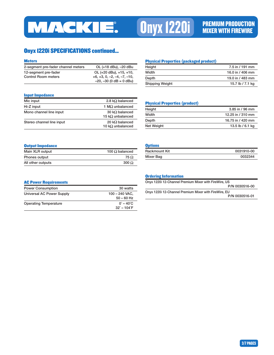 Onyx 1220i, Premium production mixer with firewire, Onyx 1220i specifications continued | MACKIE 1220I User Manual | Page 3 / 7