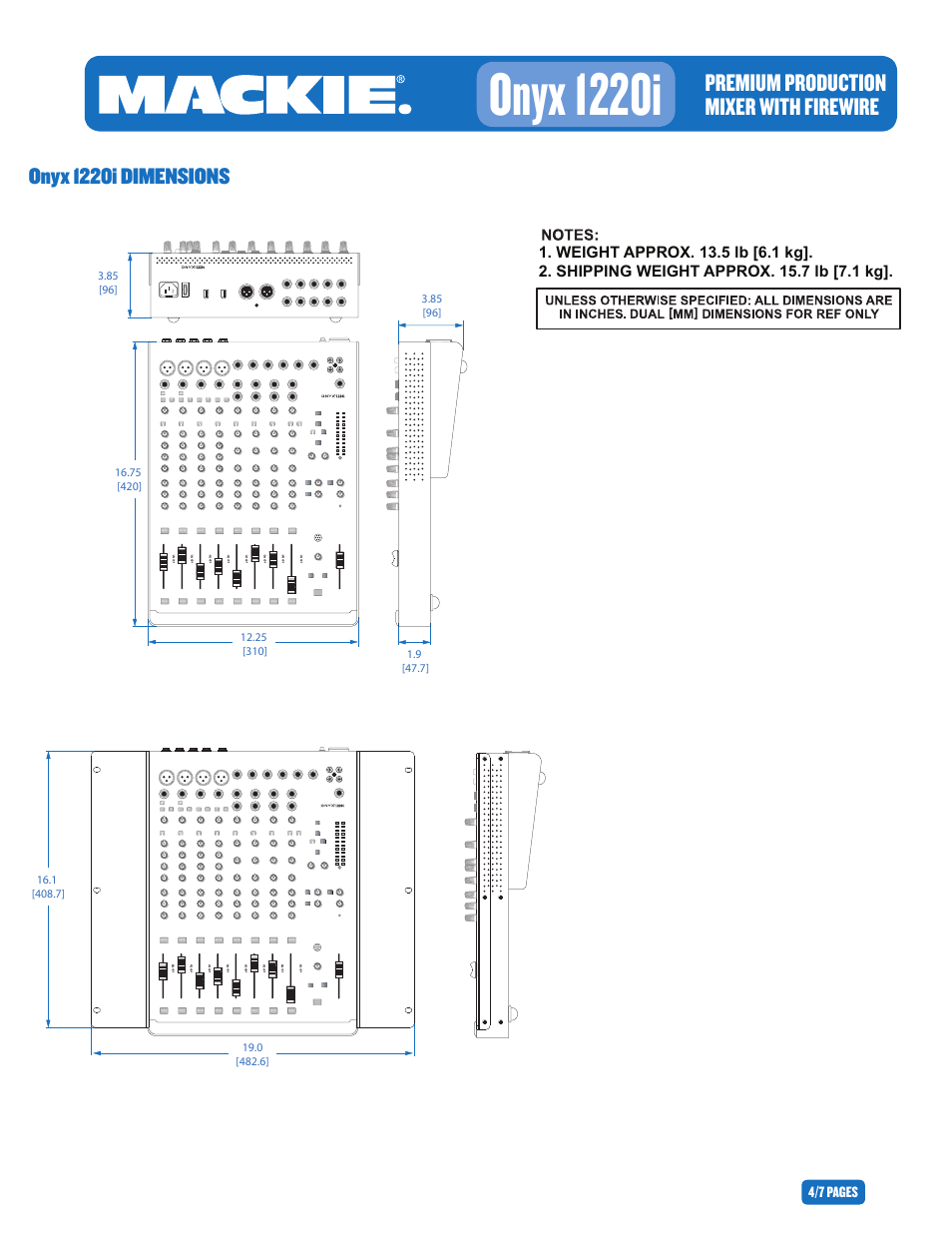 Onyx 1220i, Premium production mixer with firewire, Onyx 1220i dimensions | 4/7 pages | MACKIE 1220I User Manual | Page 4 / 7