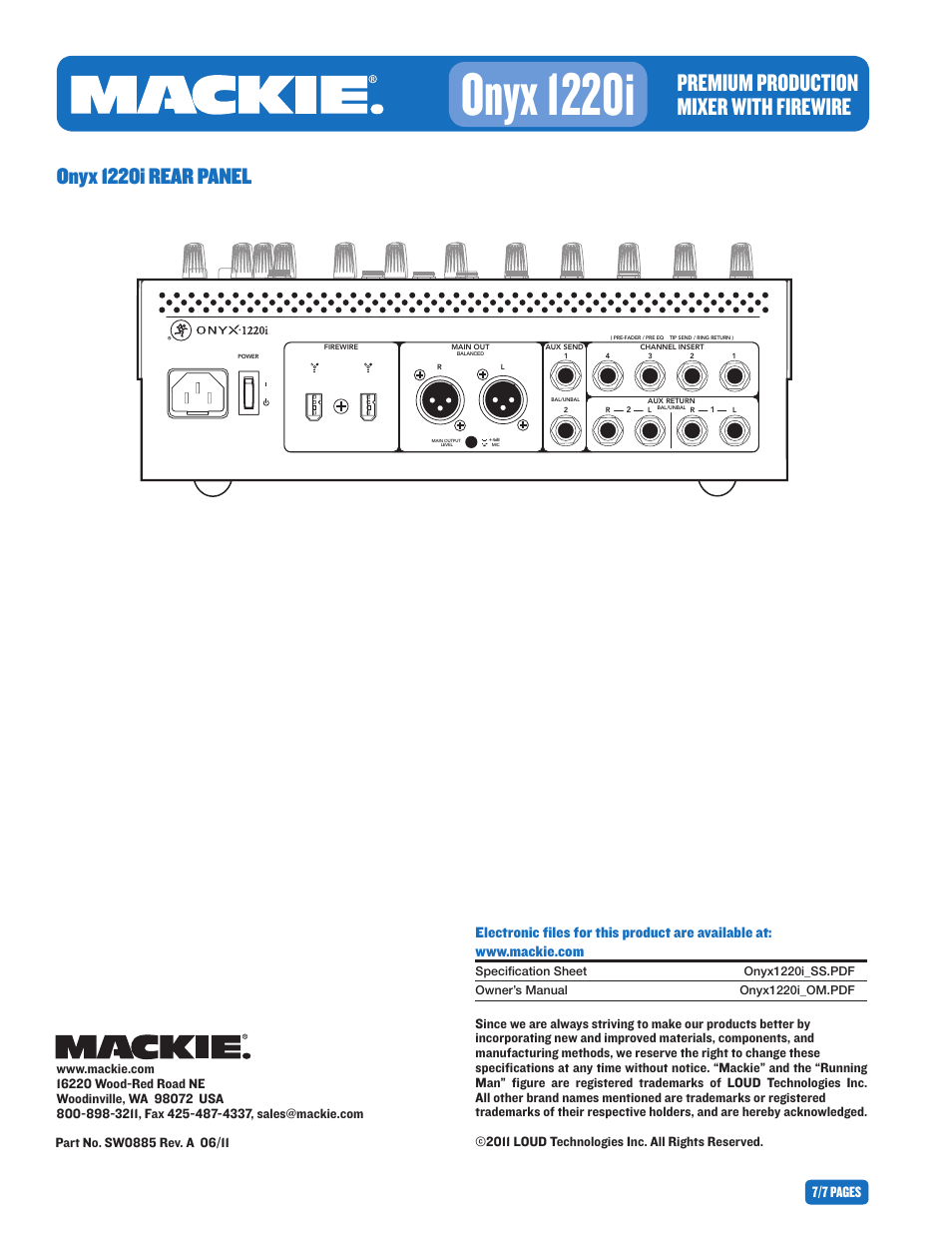 Onyx 1220i, Premium production mixer with firewire, Onyx 1220i rear panel | 7/7 pages, Main mix talkback | MACKIE 1220I User Manual | Page 7 / 7