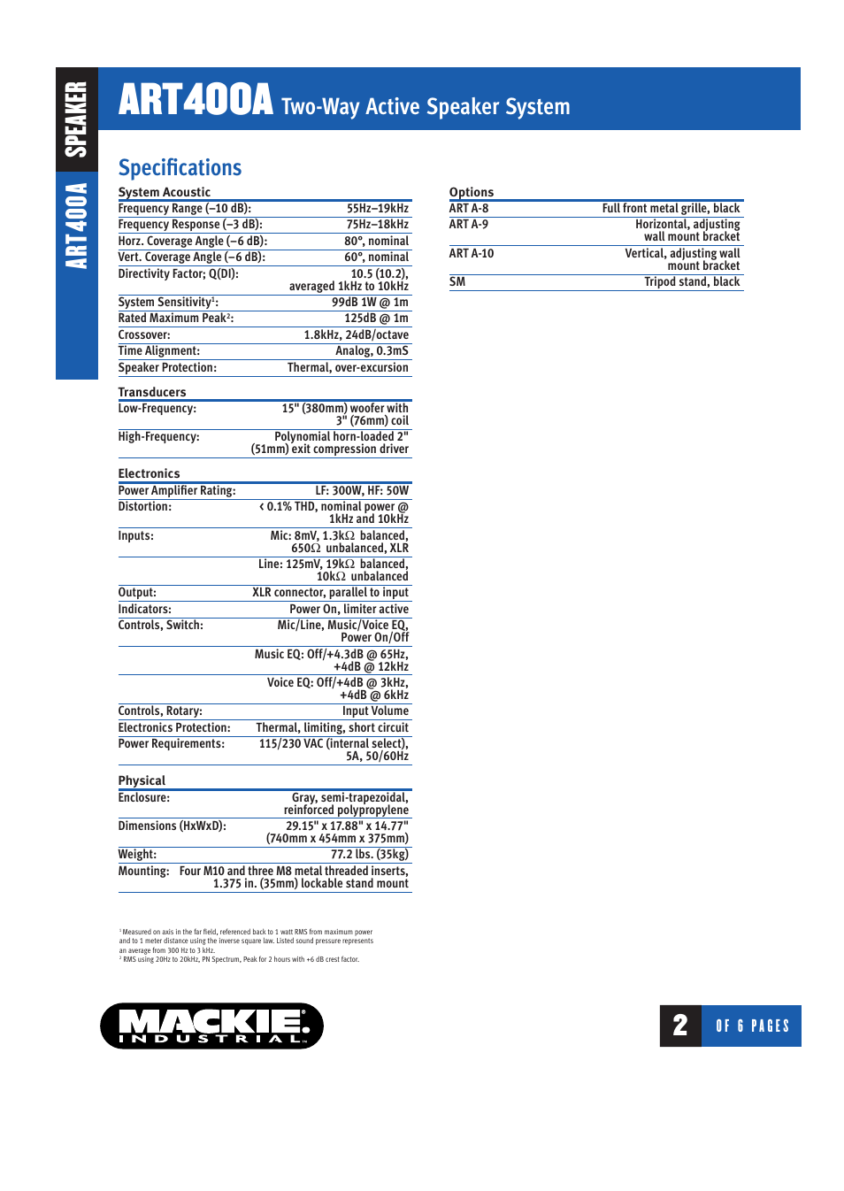 Art400a, Speaker ar t4 00 a, Two-way active speaker system | Specifications | MACKIE ART400A User Manual | Page 2 / 6