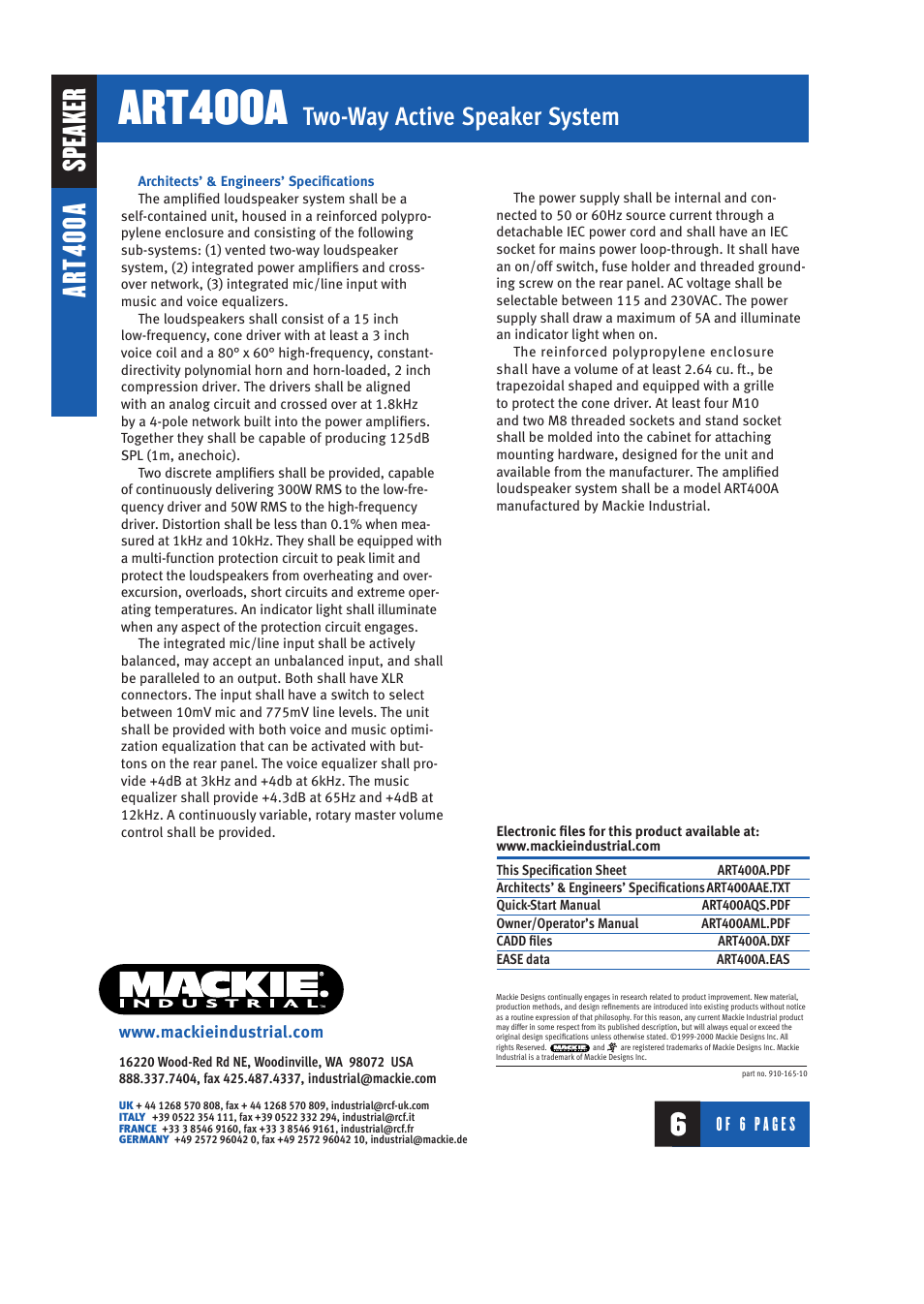 Art400a, Speaker, Ar t4 00 a | Two-way active speaker system | MACKIE ART400A User Manual | Page 6 / 6