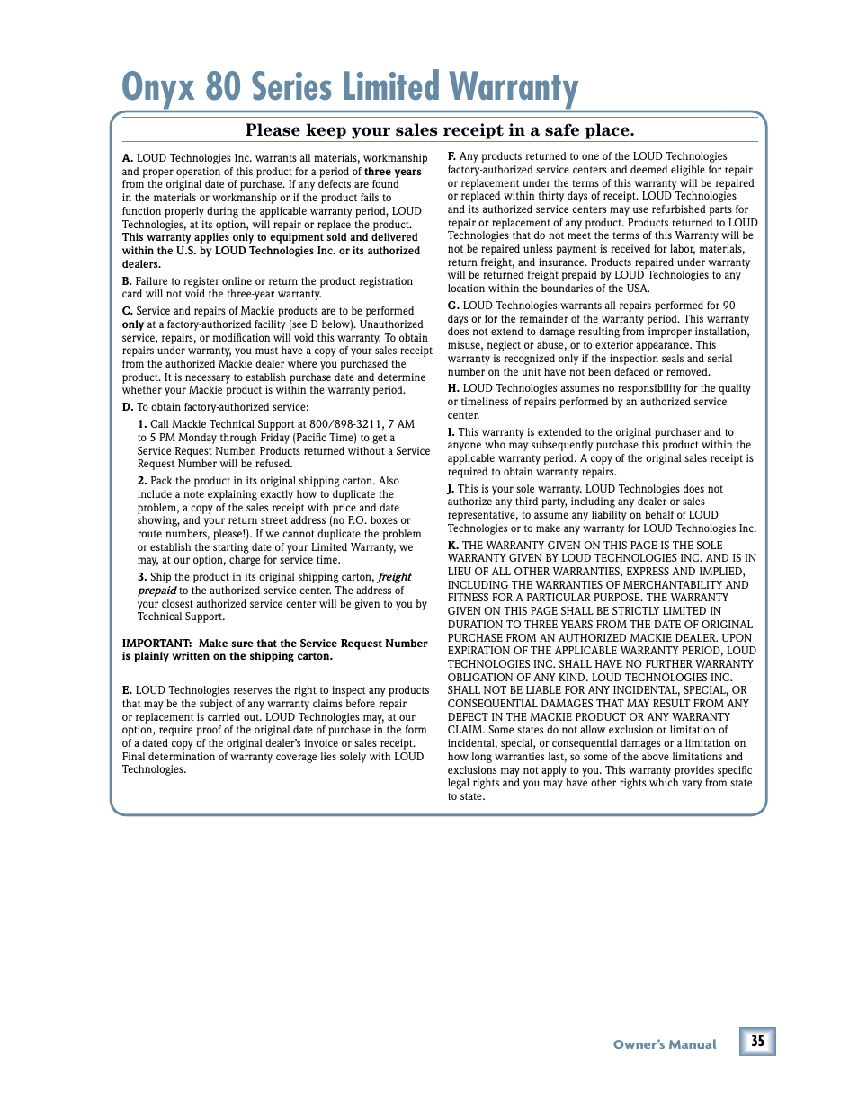 Onyx 80 series limited warranty, Owner ’s manual | MACKIE Onyx 80 User Manual | Page 35 / 36