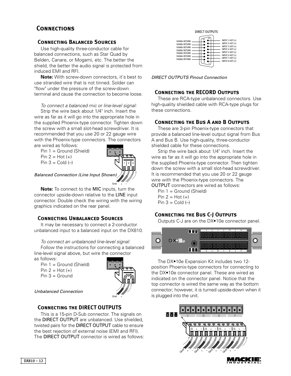 Connections, Connecting balanced sources, Connecting unbalanced sources | Connecting the direct outputs, Connecting the record outputs, Connecting the bus a and b outputs, Connecting the bus c-j outputs, Outputs c-j are on the dx•10e connector panel | MACKIE DX810 User Manual | Page 12 / 21