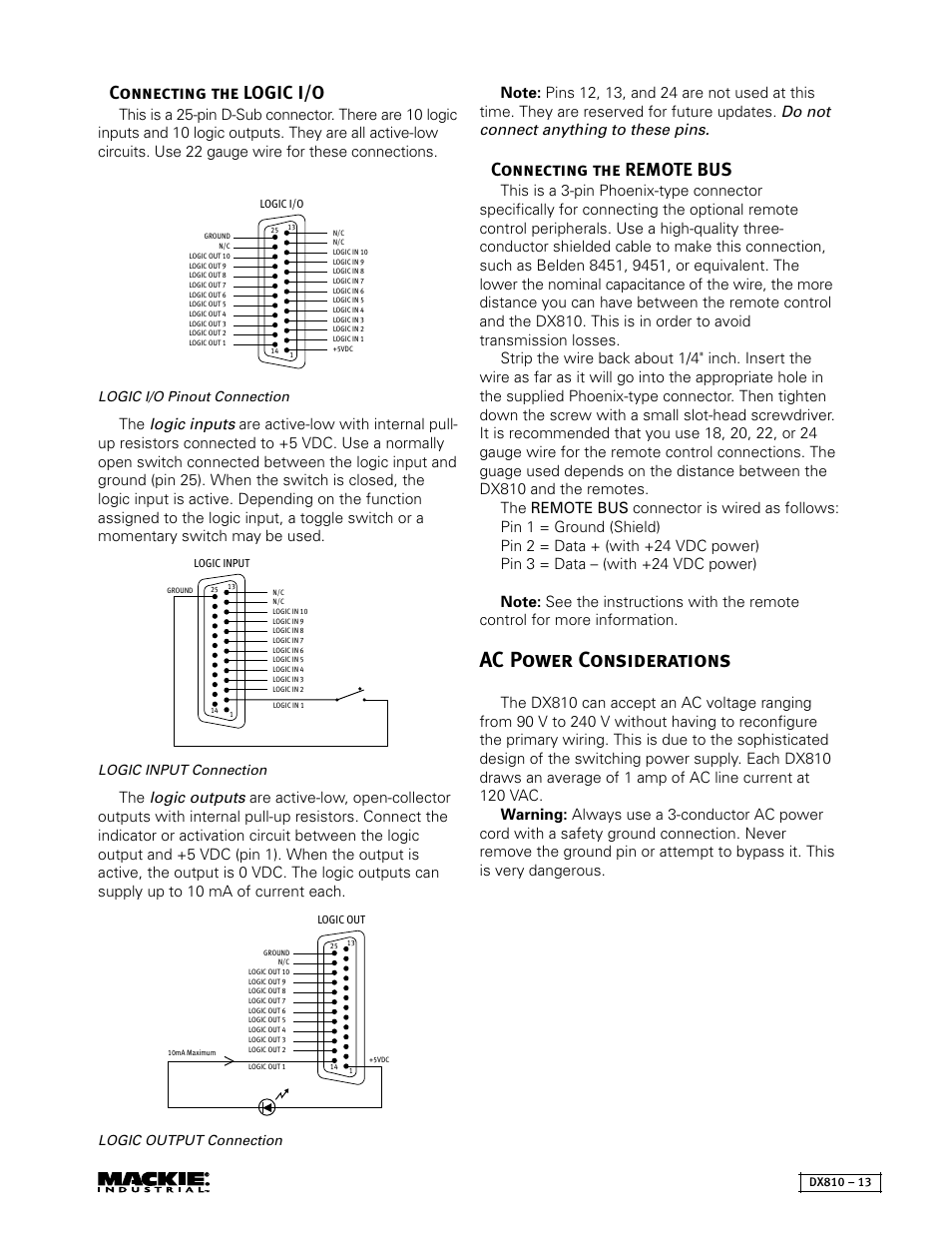 Ac power considerations, Connecting the logic i/o, Connecting the remote bus | MACKIE DX810 User Manual | Page 13 / 21