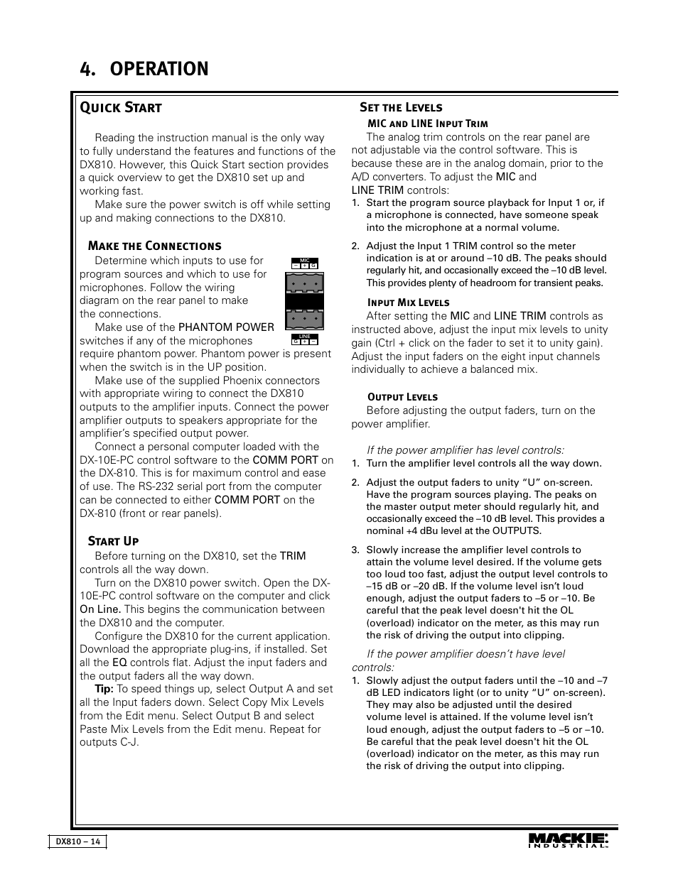 Operation, Quick start, Set the levels | Make the connections, Start up | MACKIE DX810 User Manual | Page 14 / 21