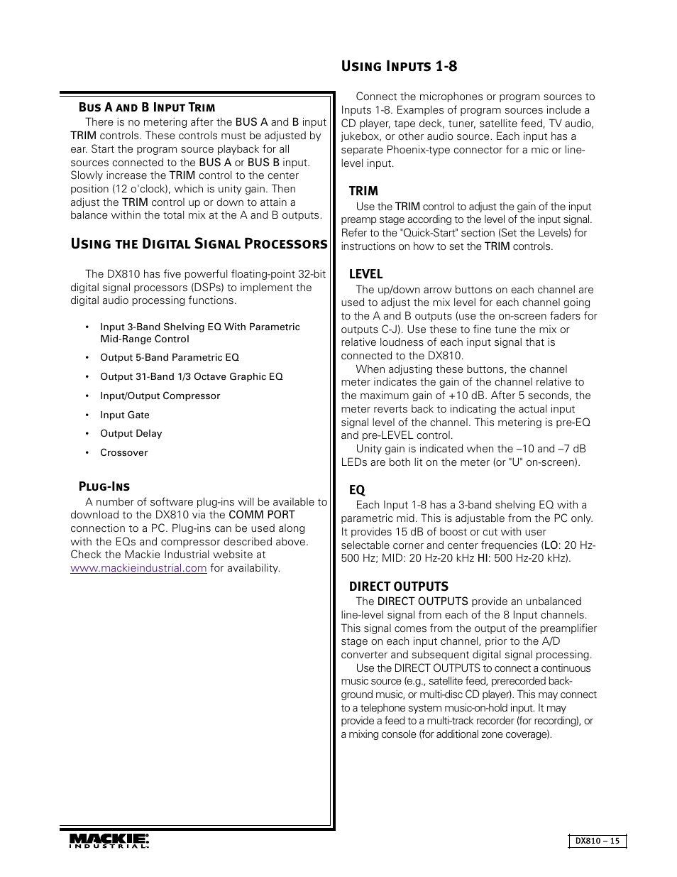 Using the digital signal processors, Using inputs 1-8 | MACKIE DX810 User Manual | Page 15 / 21