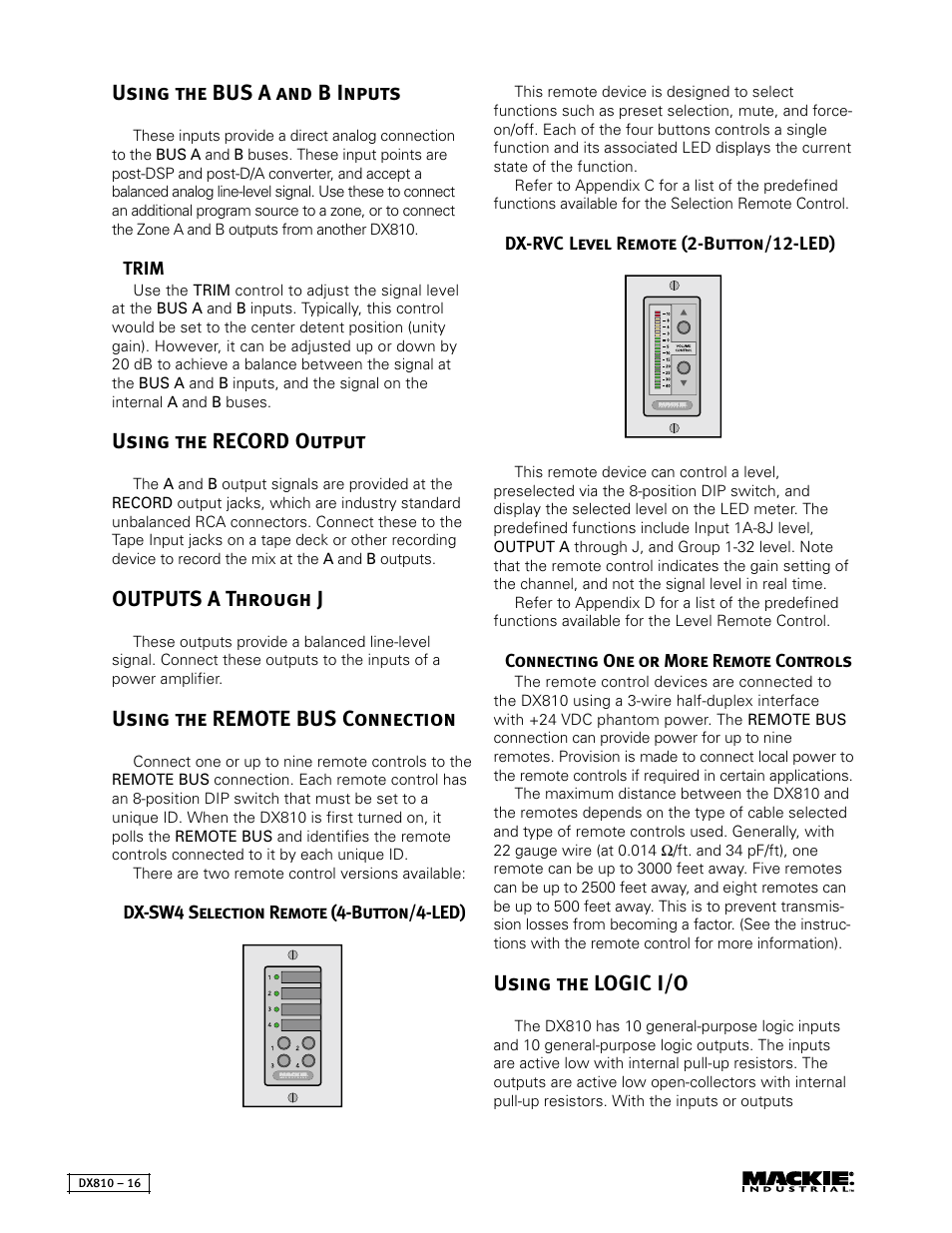 Using the bus a and b inputs, Using the record output, Outputs a through j | Using the remote bus connection, Using the logic i/o | MACKIE DX810 User Manual | Page 16 / 21