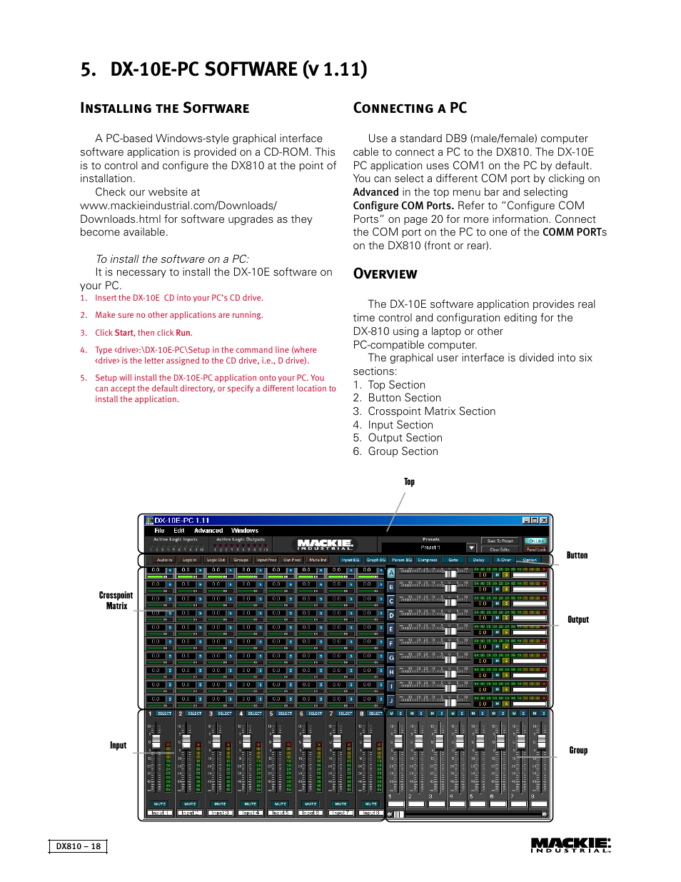 Connecting a pc, Overview, Installing the software | MACKIE DX810 User Manual | Page 18 / 21