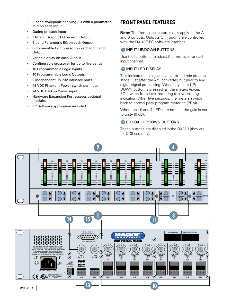 Front panel features, Dx810 – 4 | MACKIE DX810 User Manual | Page 4 / 21
