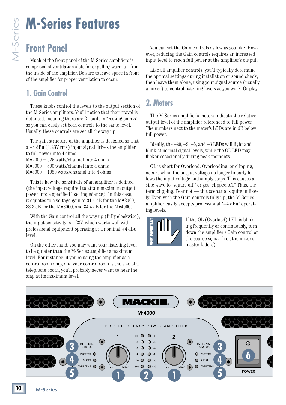 M-series features, Front panel, Gain control | Meters, M-series | MACKIE M3000 User Manual | Page 10 / 28