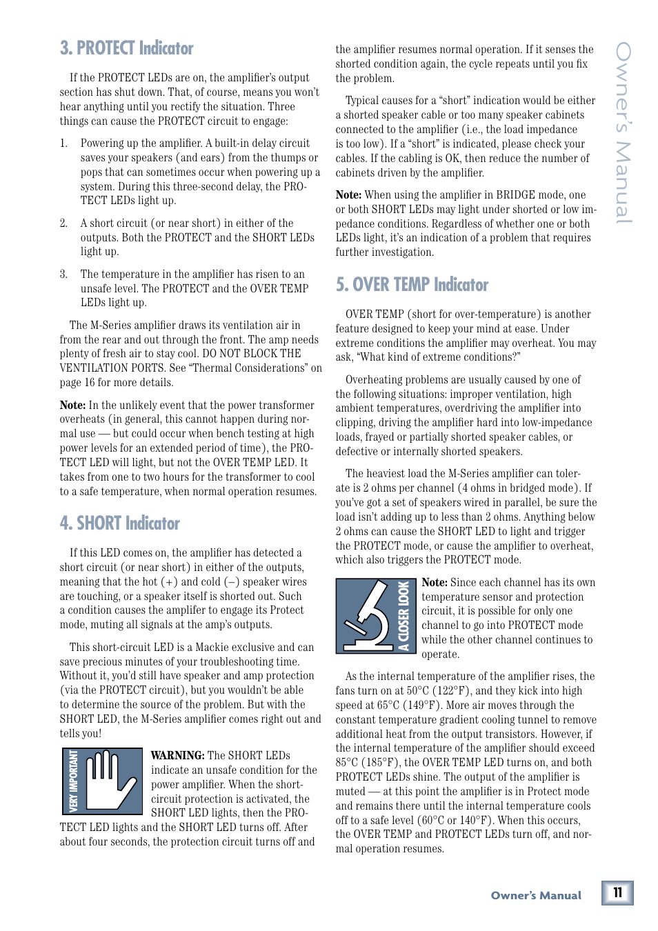 Protect indicator, Short indicator, Over temp indicator | Owner’ s manual | MACKIE M3000 User Manual | Page 11 / 28
