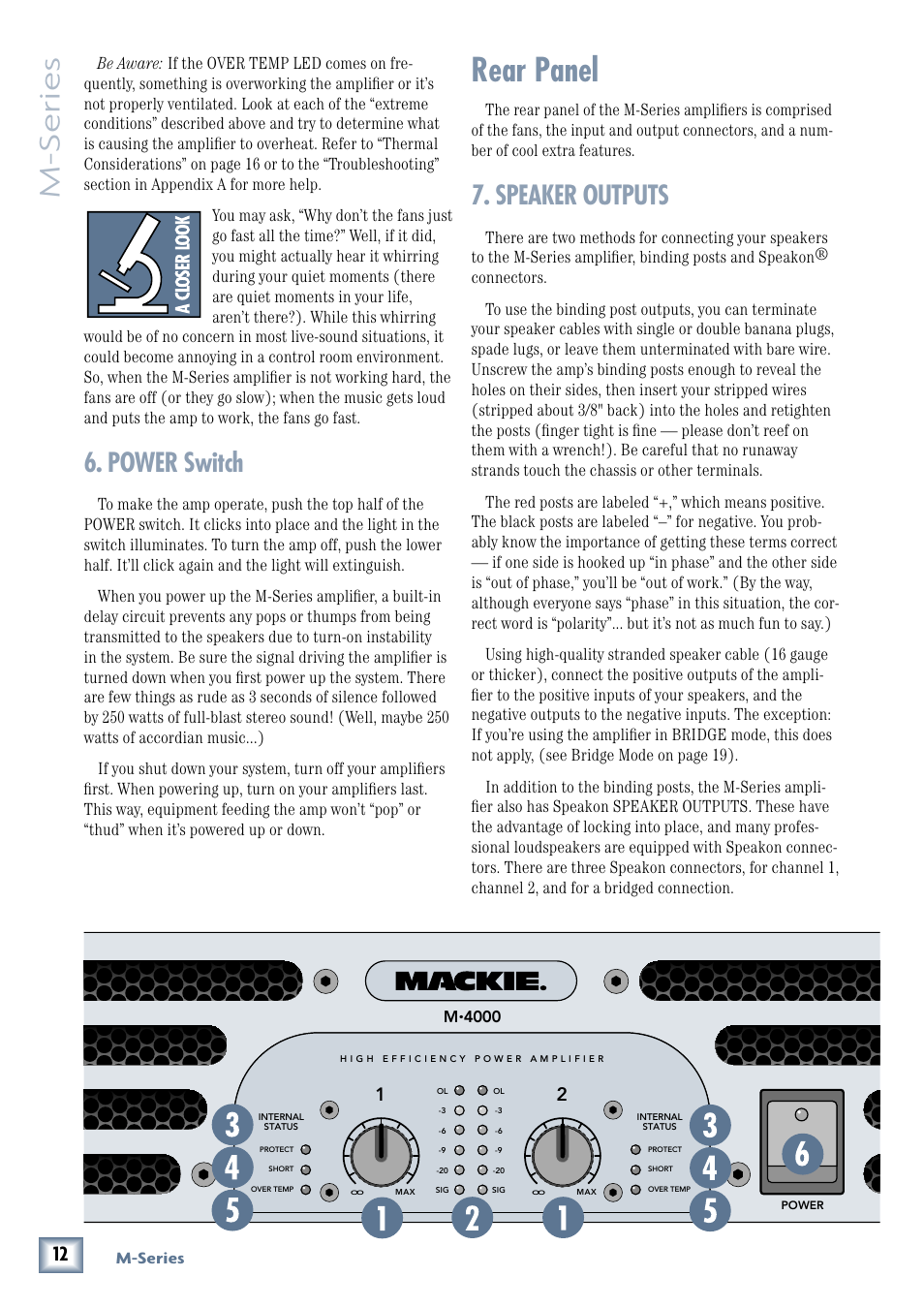 Power switch, Rear panel, Speaker outputs | M-series | MACKIE M3000 User Manual | Page 12 / 28