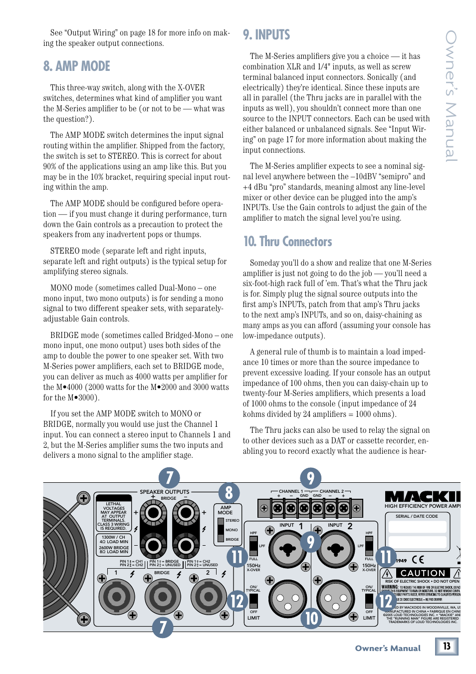 Amp mode, Inputs, Thru connectors | Owner’ s manual, Owner’s manual, Caution | MACKIE M3000 User Manual | Page 13 / 28