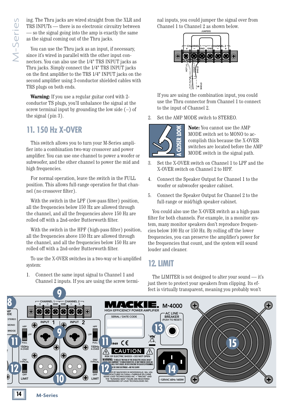 150 hz x-over, Limit, M-series | Caution | MACKIE M3000 User Manual | Page 14 / 28
