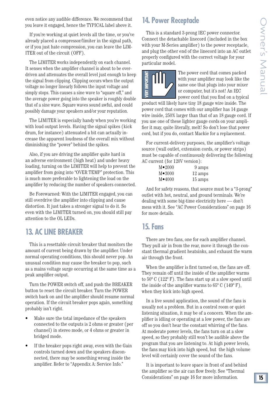 Ac line breaker, Power receptacle, Fans | Owner’ s manual | MACKIE M3000 User Manual | Page 15 / 28