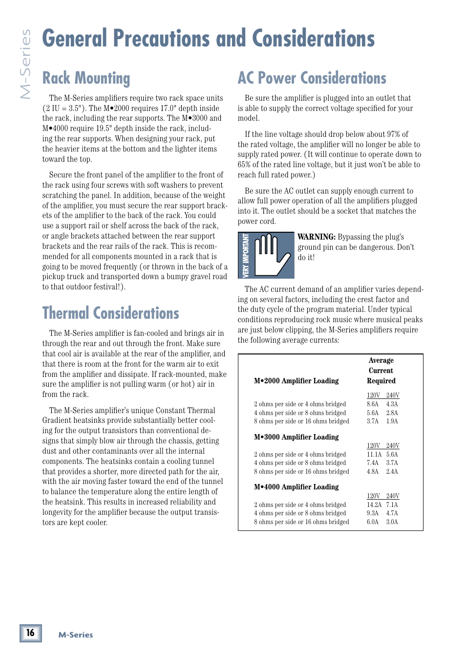 General precautions and considerations, Rack mounting, Thermal considerations | Ac power considerations, M-series | MACKIE M3000 User Manual | Page 16 / 28