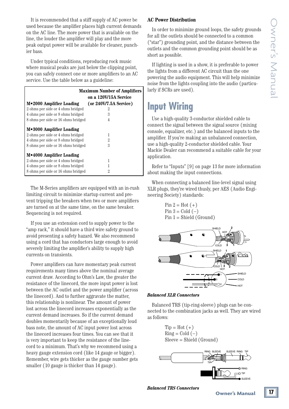 Input wiring, Owner’ s manual | MACKIE M3000 User Manual | Page 17 / 28