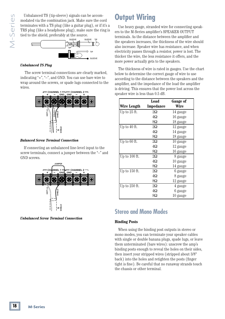 Output wiring, M-series, Stereo and mono modes | MACKIE M3000 User Manual | Page 18 / 28