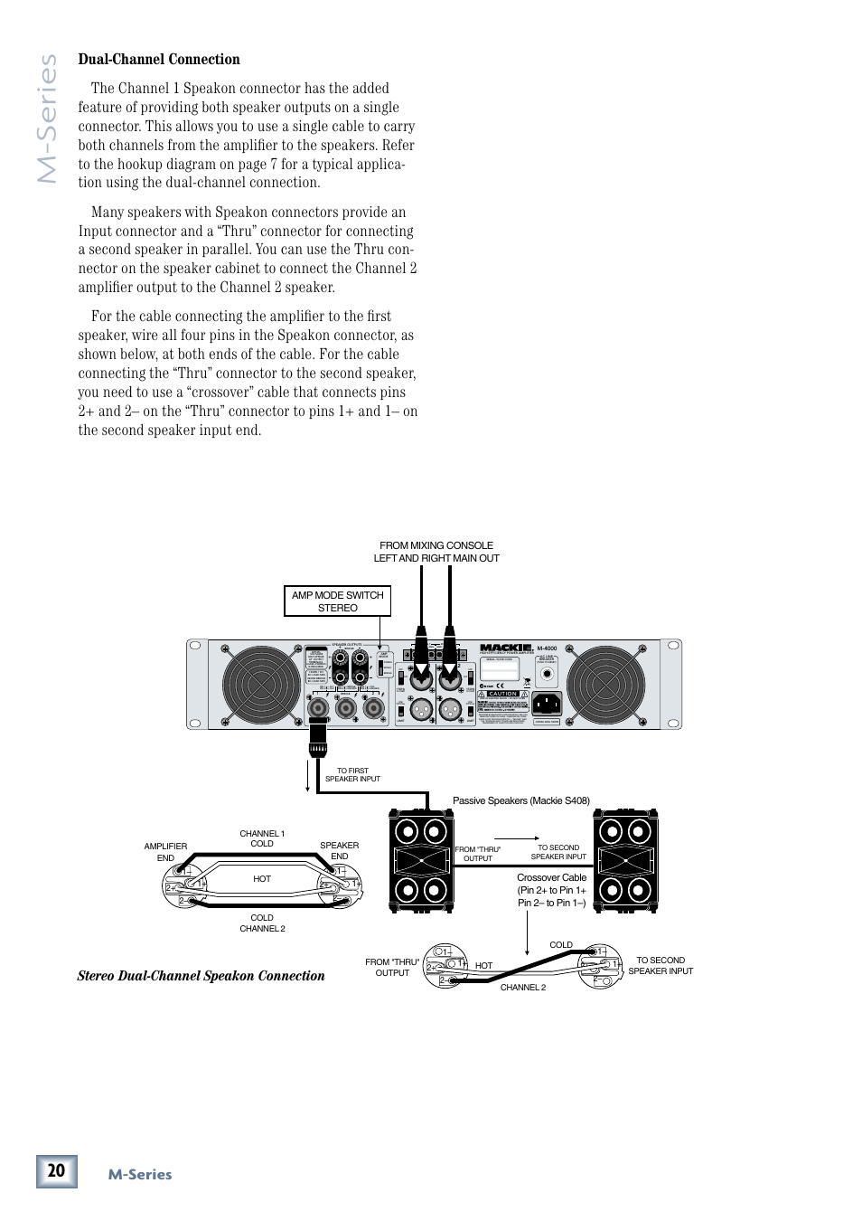 M-series, Stereo dual-channel speakon connection | MACKIE M3000 User Manual | Page 20 / 28