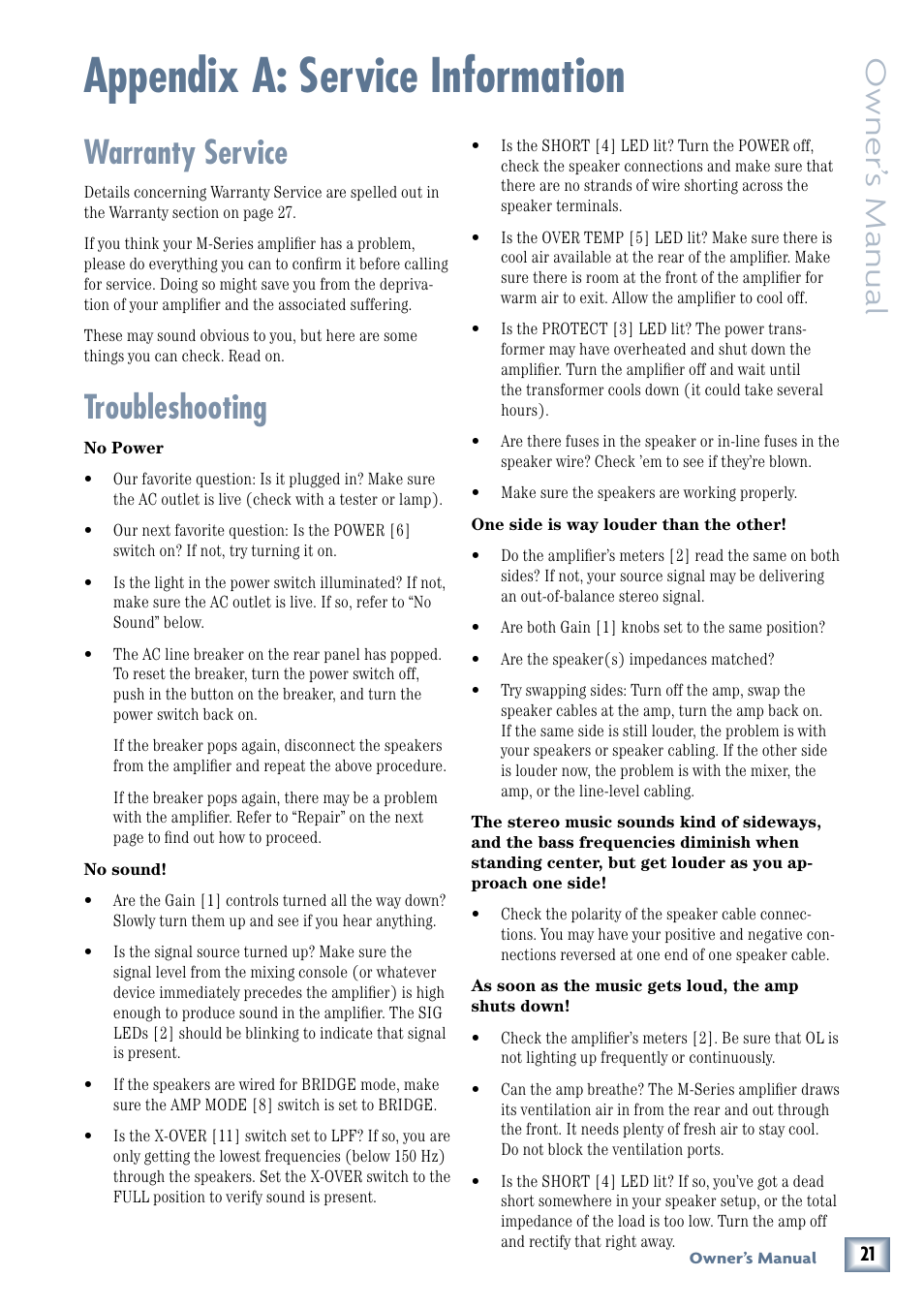 Appendix a: service information, Warranty service, Troubleshooting | Warranty service troubleshooting, Owner’ s manual | MACKIE M3000 User Manual | Page 21 / 28