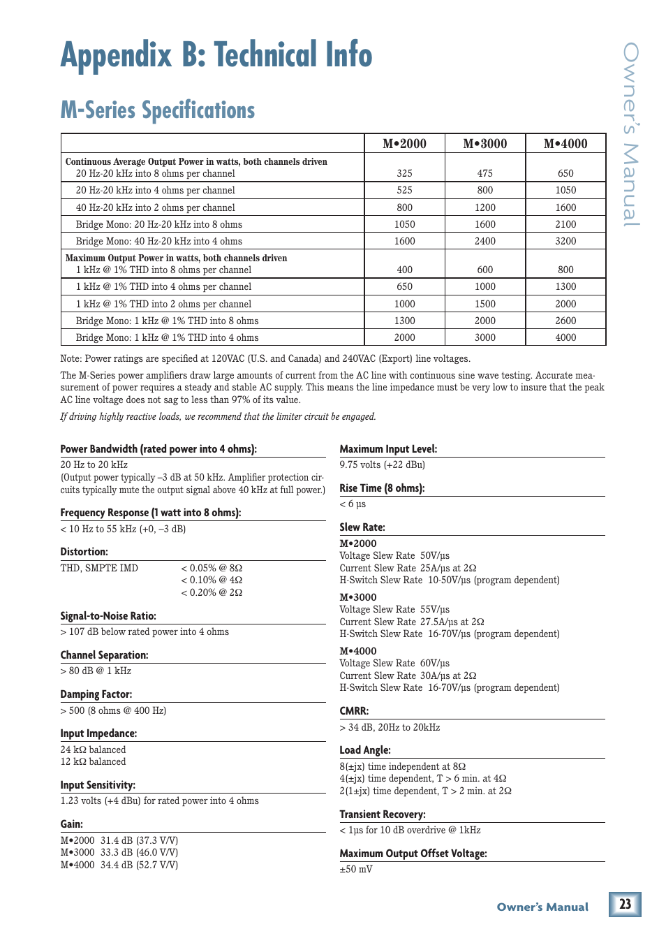 Appendix b: technical info, M-series specifications, M-series speciﬁcations | Owner’ s manual | MACKIE M3000 User Manual | Page 23 / 28