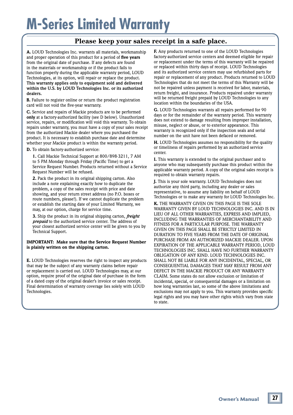 M-series limited warranty, Owner’ s manual, Please keep your sales receipt in a safe place | MACKIE M3000 User Manual | Page 27 / 28