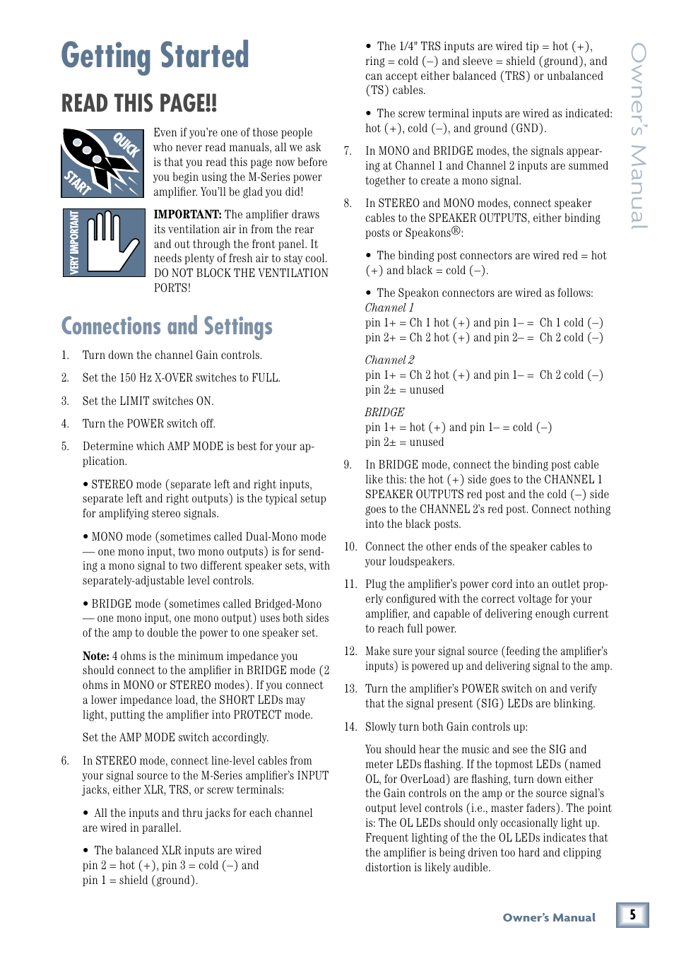 Getting started, Connections and settings, Read this page | Owner’ s manual | MACKIE M3000 User Manual | Page 5 / 28