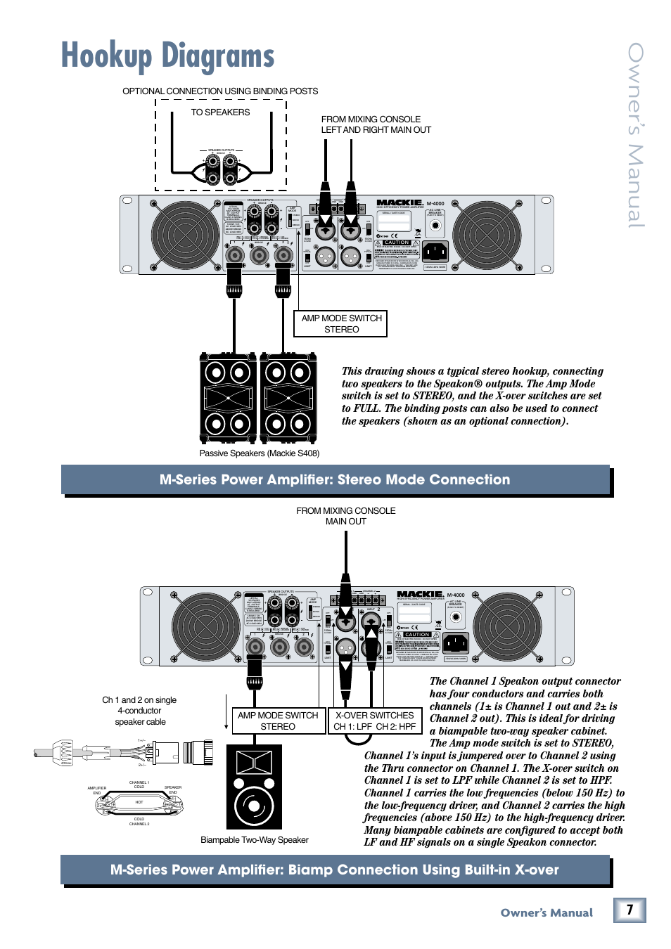 Hookup diagrams, Owner’ s manual, M-series power ampliﬁer: stereo mode connection | Owner’s manual | MACKIE M3000 User Manual | Page 7 / 28