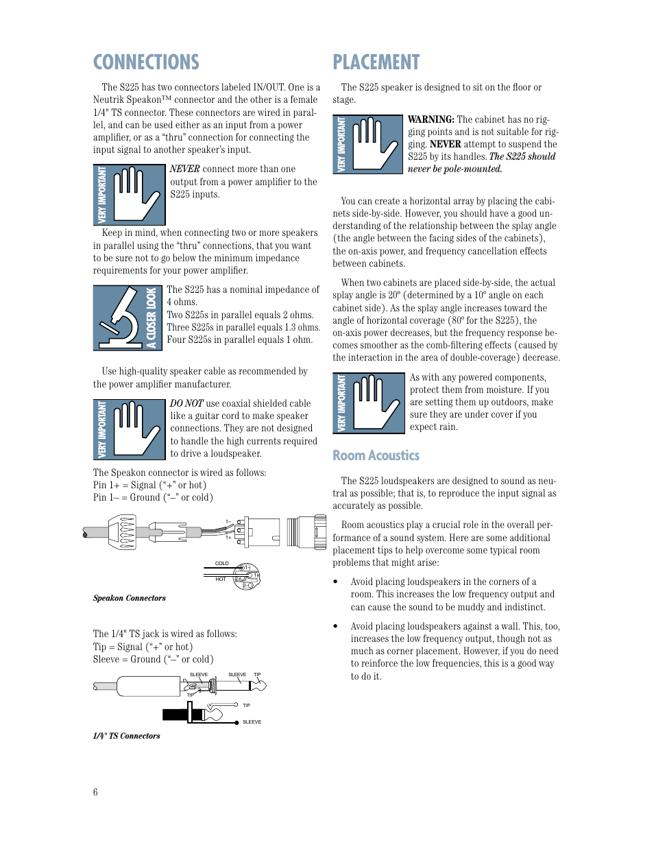 Connections, Placement, Room acoustics | MACKIE S225 TWO-WAY User Manual | Page 6 / 12