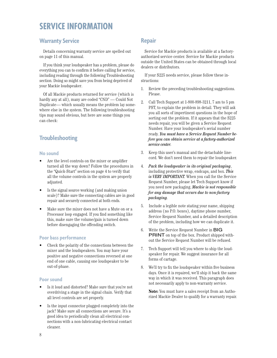 Service information, Repair, Warranty service | Troubleshooting | MACKIE S225 TWO-WAY User Manual | Page 8 / 12