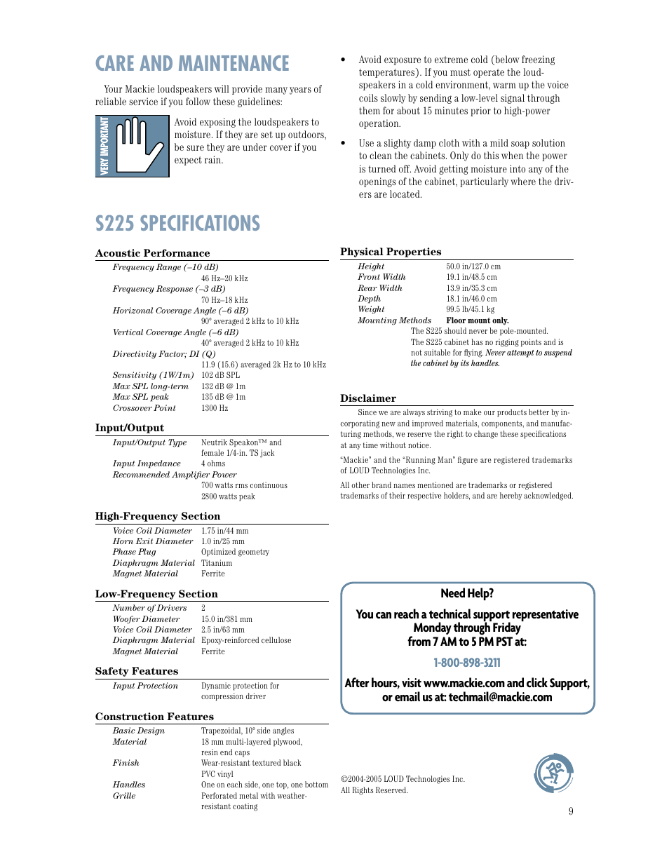 S225 specifications, Care and maintenance | MACKIE S225 TWO-WAY User Manual | Page 9 / 12