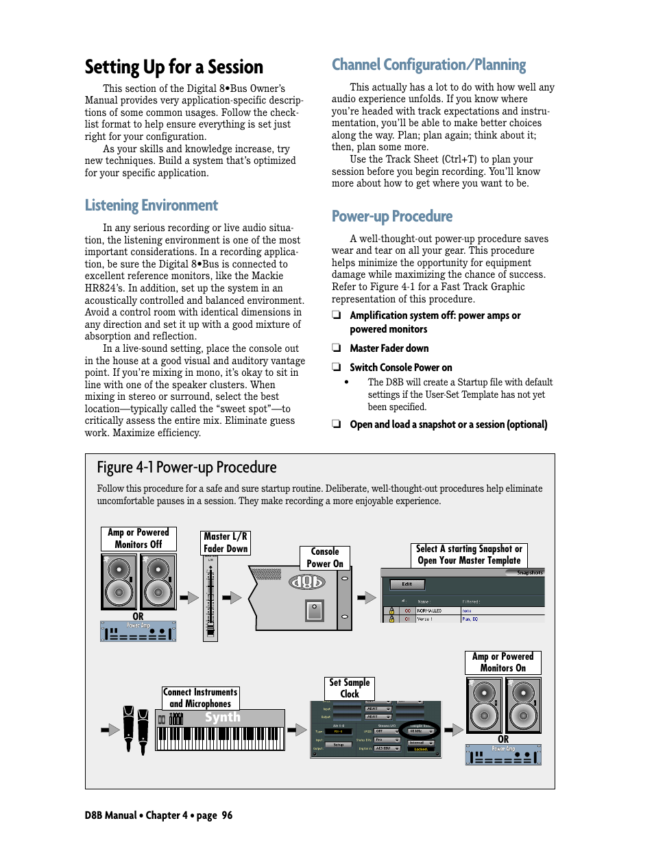 Setting up for a session, Listening environment, Channel configuration/planning | Power-up procedure, Figure 4-1 power-up procedure, Synth, D8b manual • chapter 4 • page 96, Open and load a snapshot or a session (optional) | MACKIE Digital 8Bus D8B v5.1 User Manual | Page 102 / 198