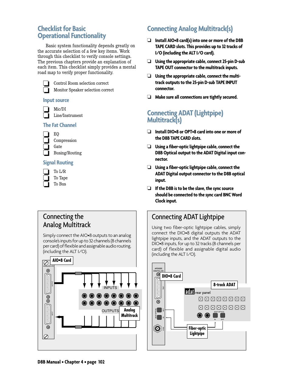 Checklist for basic operational functionality, Connecting analog multitrack(s), Connecting adat (lightpipe) multitracks(s) | Connecting adat (lightpipe) multitrack(s), Connecting the analog multitrack, Connecting adat lightpipe, Input source, The fat channel, Signal routing | MACKIE Digital 8Bus D8B v5.1 User Manual | Page 108 / 198