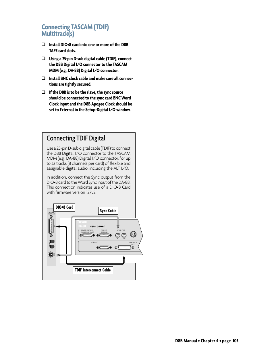 Connecting tascam (tdif) multitrack(s), Connecting tdif digital | MACKIE Digital 8Bus D8B v5.1 User Manual | Page 109 / 198