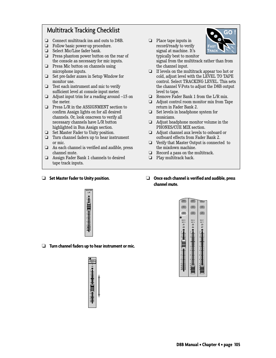 Multitrack tracking checklist, Set master fader to unity position, Turn channel faders up to hear instrument or mic | MACKIE Digital 8Bus D8B v5.1 User Manual | Page 111 / 198