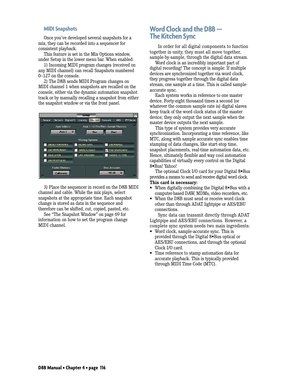 Word clock and the d8b – the kitchen sync, Word clock and the d8b — the kitchen sync, Midi snapshots | MACKIE Digital 8Bus D8B v5.1 User Manual | Page 122 / 198