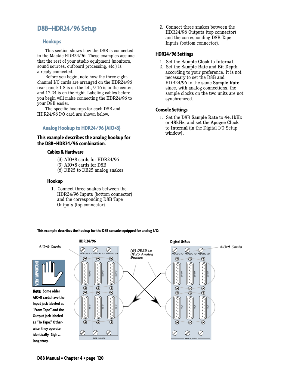 D8b–hdr24/96 setup, Hookups, Hookup | Hdr24/96 settings, Console settings | MACKIE Digital 8Bus D8B v5.1 User Manual | Page 126 / 198