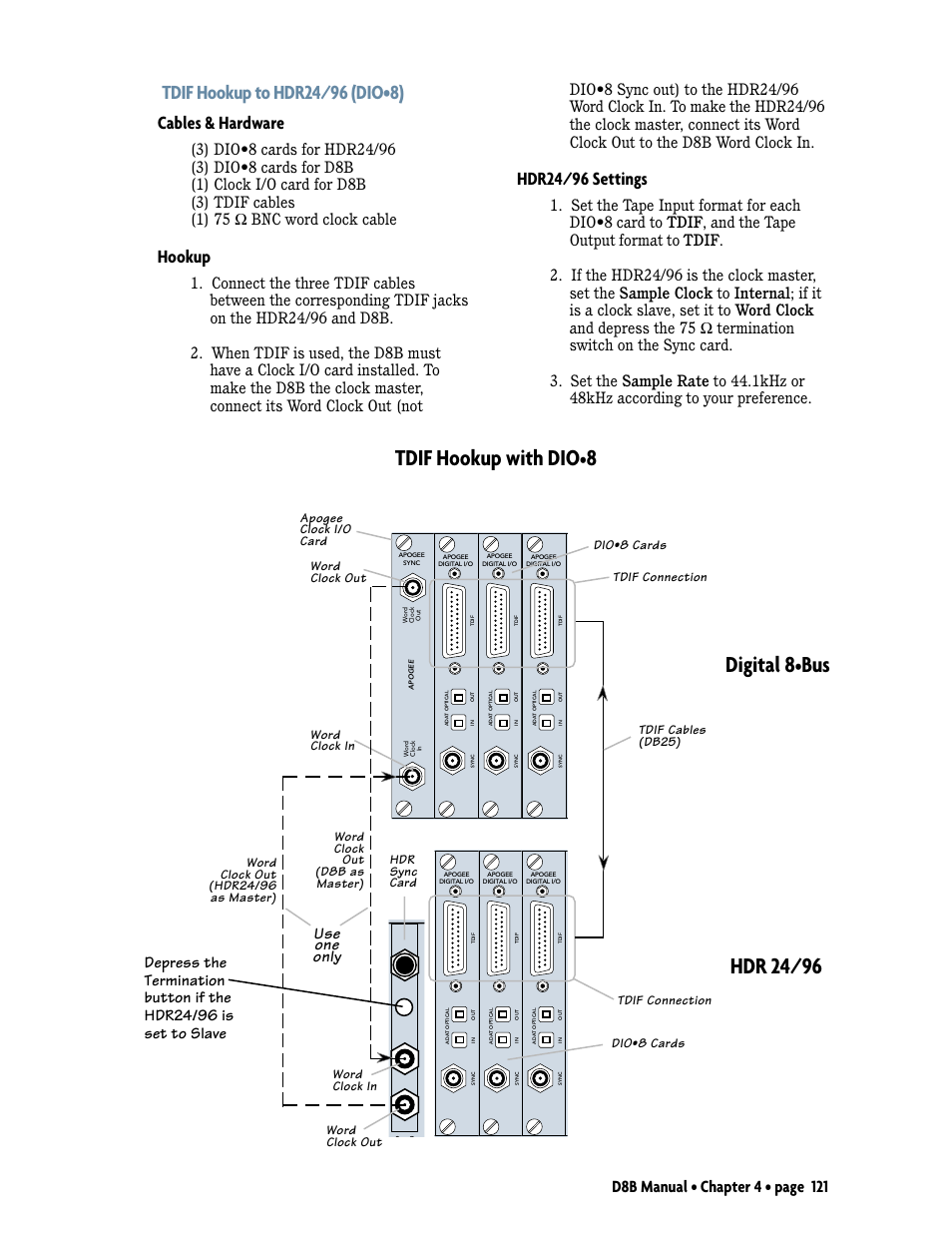 Tdif hookup with dio, 8digital 8, Hdr 24/96 | Cables & hardware, Hookup, Hdr24/96 settings | MACKIE Digital 8Bus D8B v5.1 User Manual | Page 127 / 198