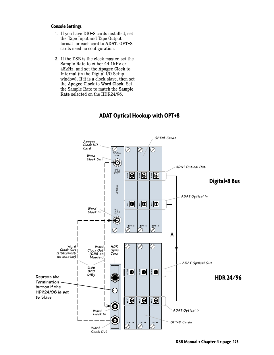 Digital•8 bus, Hdr 24/96, Adat optical hookup with opt | Console settings | MACKIE Digital 8Bus D8B v5.1 User Manual | Page 129 / 198