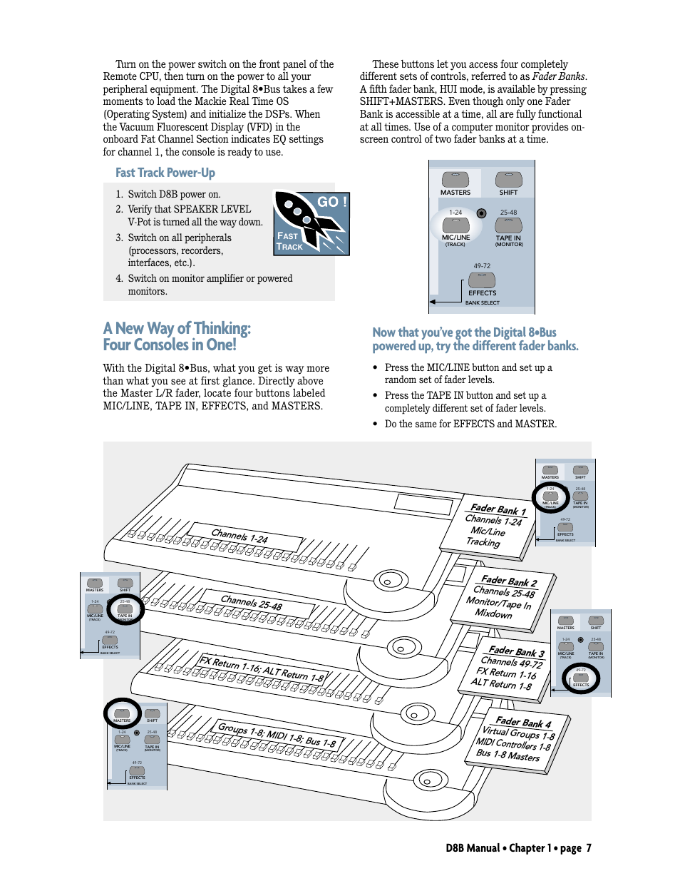 A new way of thinking: four consoles in one, Fast track power-up, D8b manual • chapter 1 • page 7 | MACKIE Digital 8Bus D8B v5.1 User Manual | Page 13 / 198